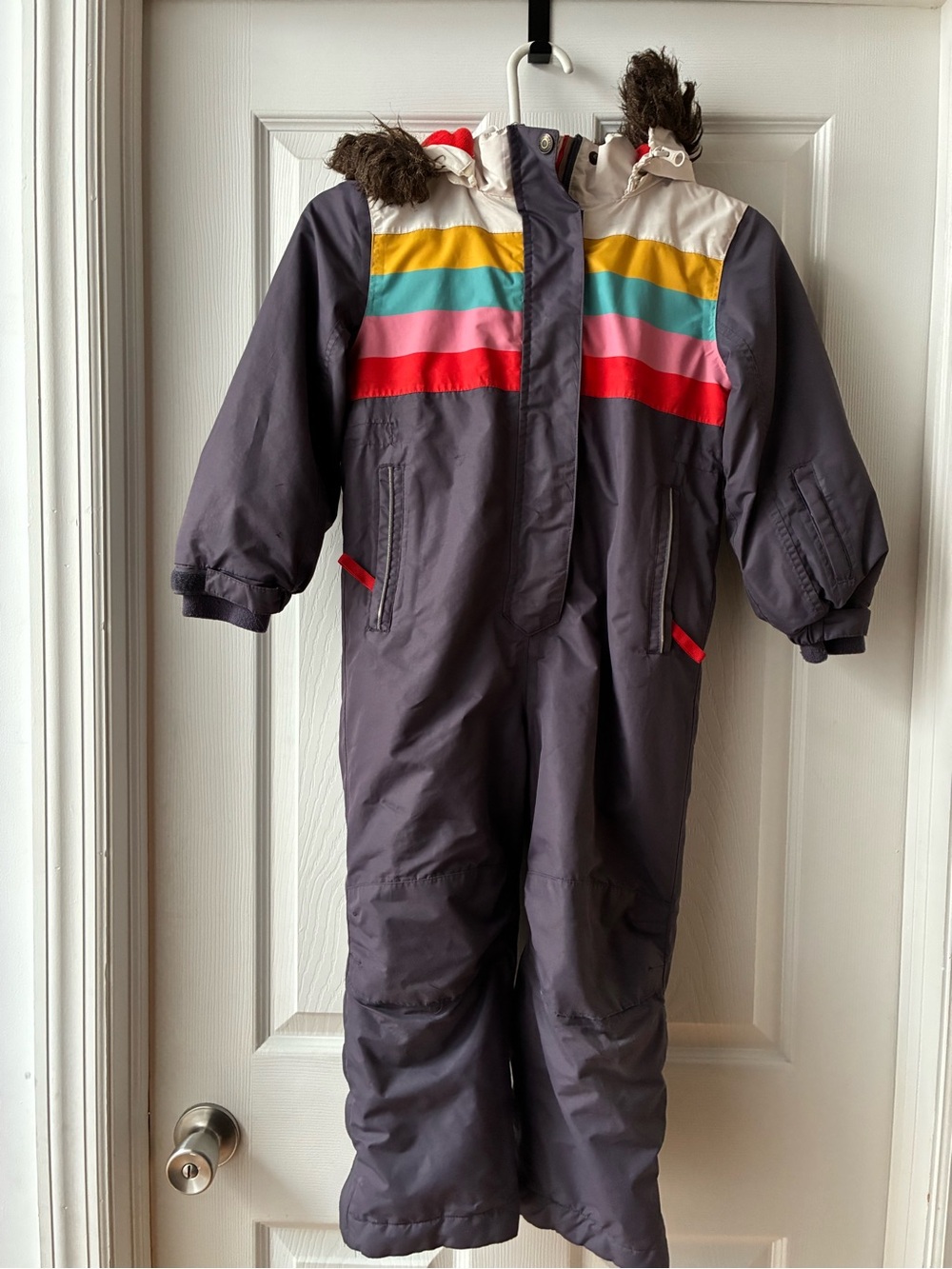 Mini Boden Girls' Hooded Snowsuit in Indigo/purple, White, Teal, Pink & Red